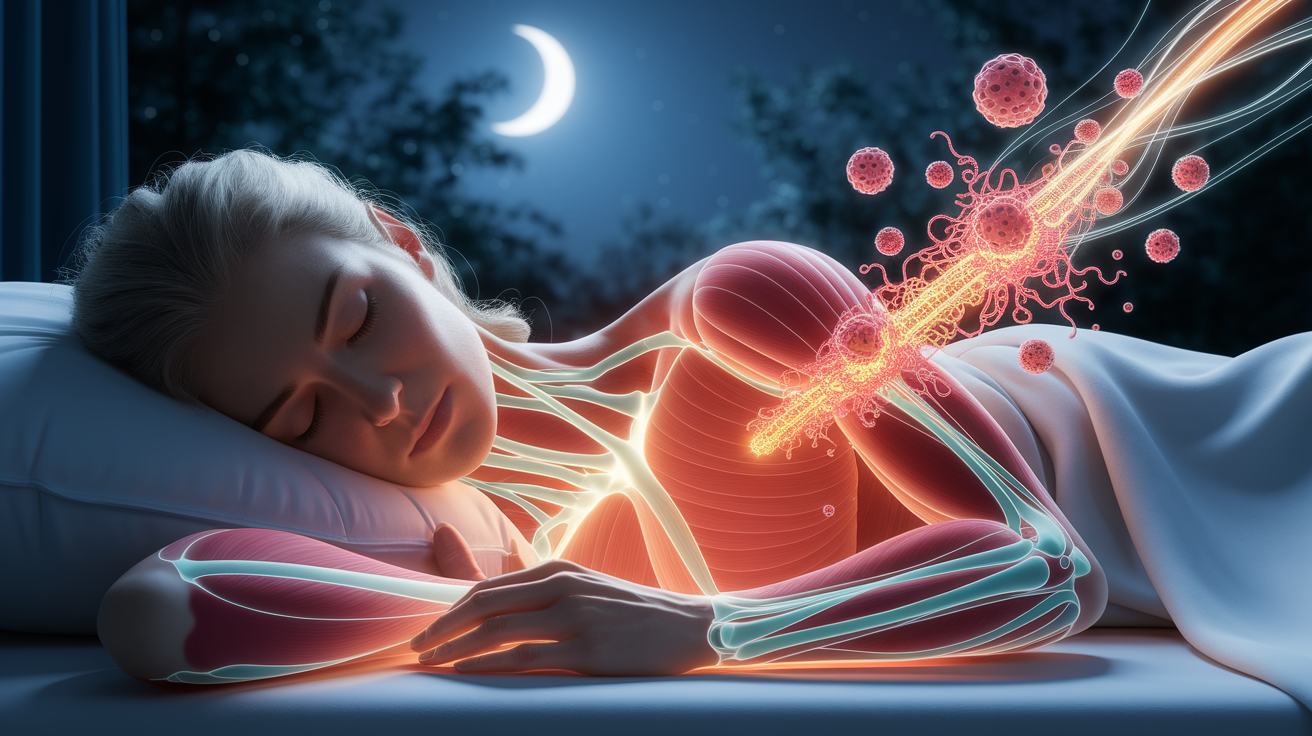 A conceptual illustration representing Hormonal and Immune Mechanisms Driving Muscle Repair during Sleep. Visualize the main ideas: . Creative but clear representation of the concept. Style: photorealistic. high quality, detailed, professional, clean composition, good lighting, sharp focus, well-composed. high quality, professional, detailed, well-composed
