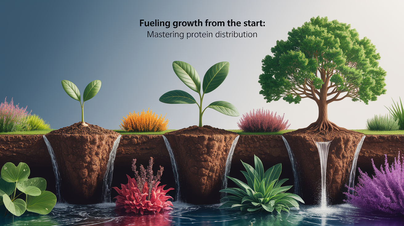 A conceptual illustration representing Fueling Growth from the Start: Mastering Protein Distribution. Visualize the main ideas: . Creative but clear representation of the concept. Style: photorealistic. high quality, detailed, professional, clean composition, good lighting, sharp focus, well-composed. high quality, professional, detailed, well-composed