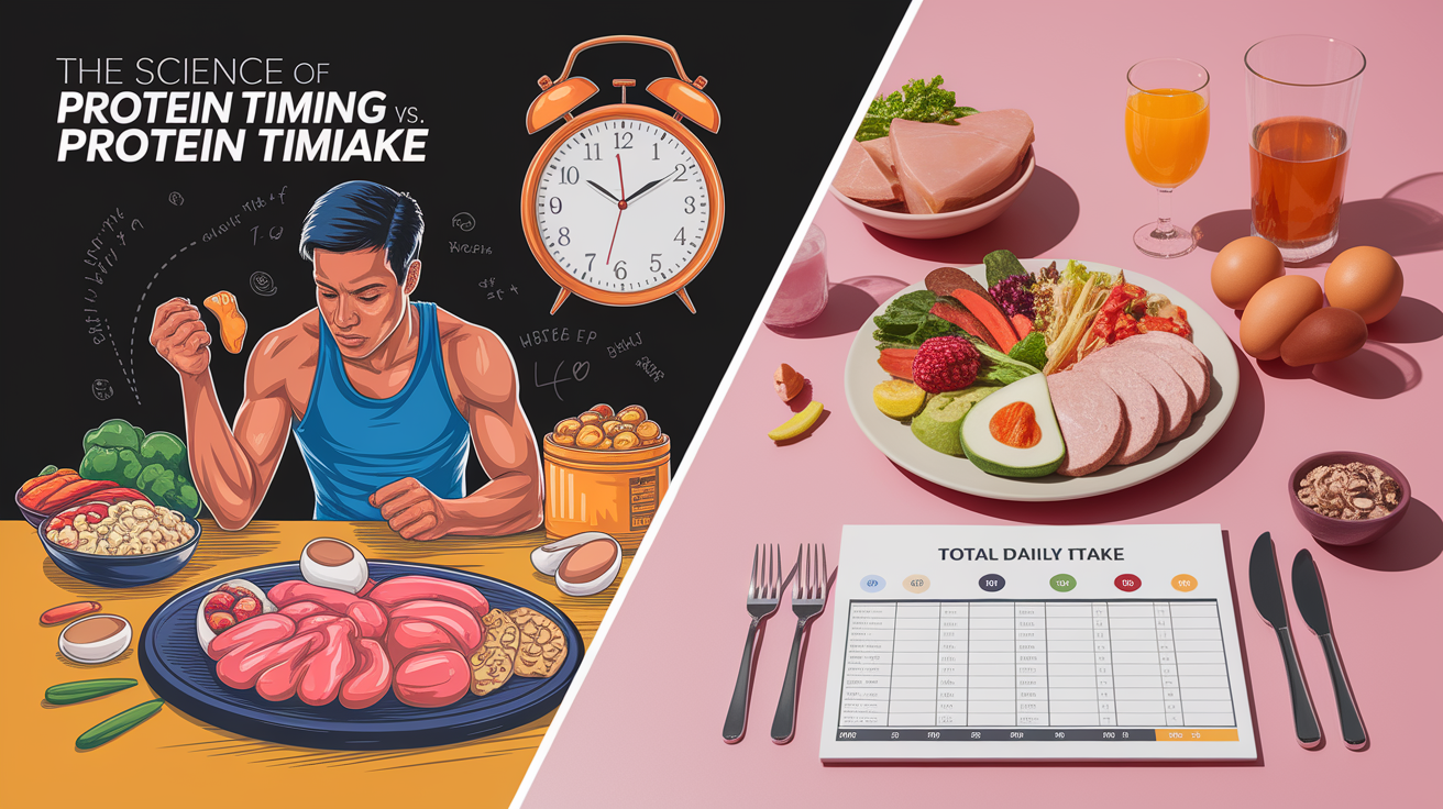 A side-by-side comparison visual for The Science of Protein Timing vs. Total Daily Intake. Show contrasting elements: . Use clear visual separation, possibly with split-screen or before/after layout. Style: photorealistic. high quality, detailed, professional, clean composition, good lighting, sharp focus, well-composed. high quality, professional, detailed, well-composed