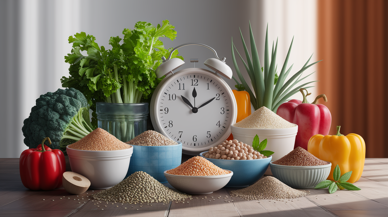 A conceptual illustration representing Plant-Based Protein Quality and How It Impacts Timing Needs. Visualize the main ideas: . Creative but clear representation of the concept. Style: photorealistic. high quality, detailed, professional, clean composition, good lighting, sharp focus, well-composed. high quality, professional, detailed, well-composed