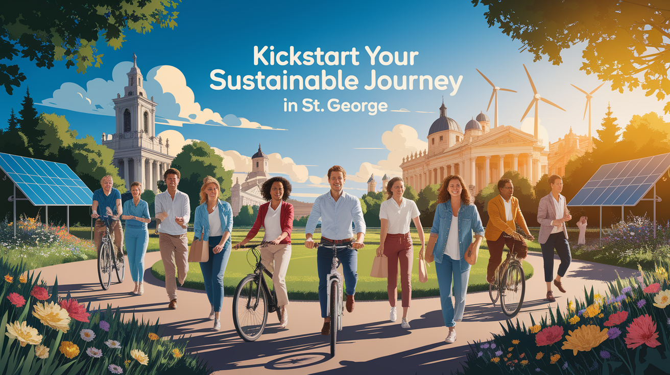 A conceptual illustration representing Kickstart Your Sustainable Journey in St. George. Visualize the main ideas: . Creative but clear representation of the concept. Style: photorealistic. high quality, detailed, professional, clean composition, good lighting, sharp focus, well-composed. high quality, professional, detailed, well-composed