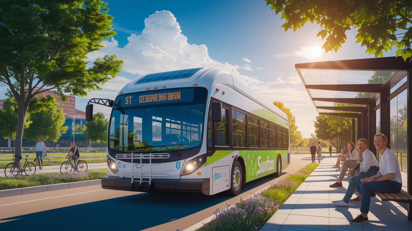 A conceptual illustration representing SunTran: St. Georgeâ€™s Eco-Friendly Public Bus Network. Visualize the main ideas: . Creative but clear representation of the concept. Style: photorealistic. high quality, detailed, professional, clean composition, good lighting, sharp focus, well-composed. high quality, professional, detailed, well-composed