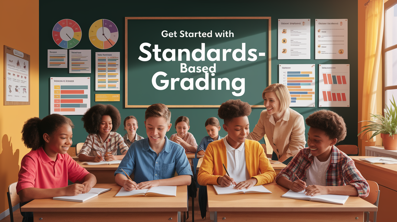 A conceptual illustration representing Get Started with Standards-Based Grading. Visualize the main ideas: . Creative but clear representation of the concept. Style: photorealistic. high quality, detailed, professional, clean composition, good lighting, sharp focus, well-composed. high quality, professional, detailed, well-composed