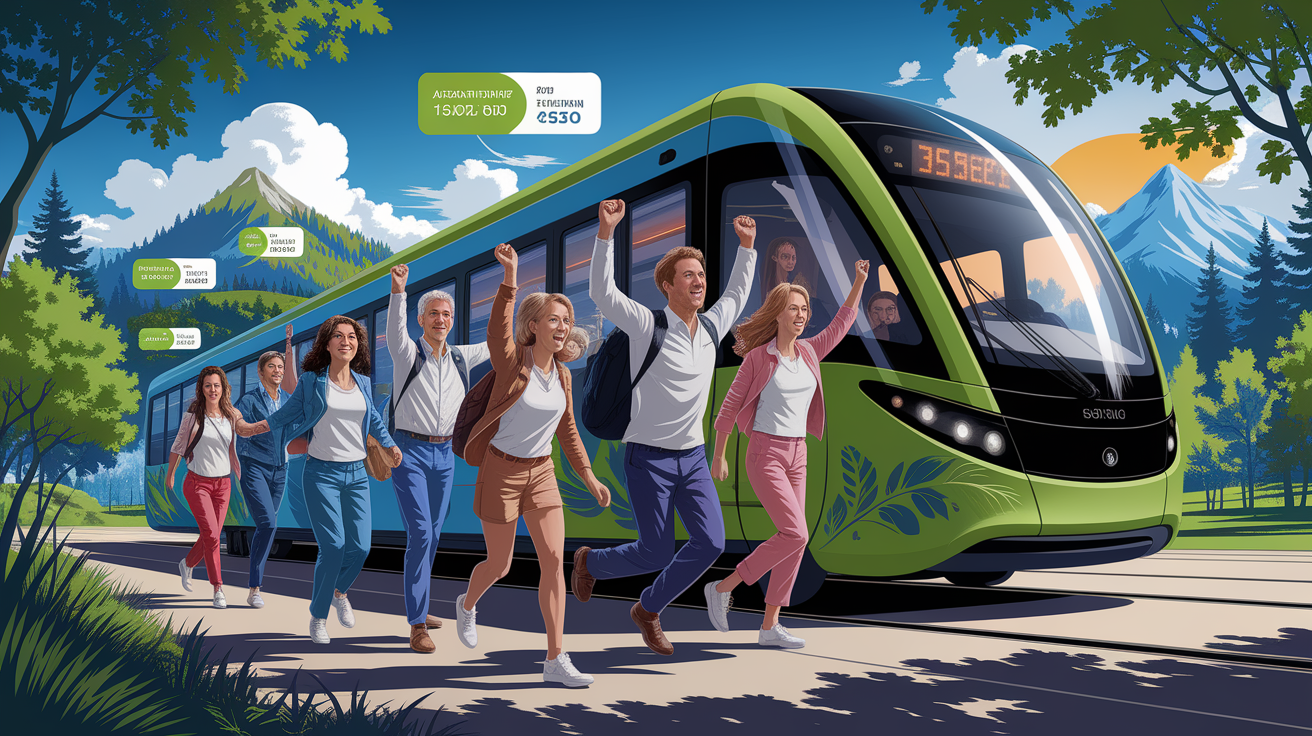 A conceptual illustration representing Affordable, Inclusive Fares for Sustainable Travel. Visualize the main ideas: . Creative but clear representation of the concept. Style: photorealistic. high quality, detailed, professional, clean composition, good lighting, sharp focus, well-composed. high quality, professional, detailed, well-composed