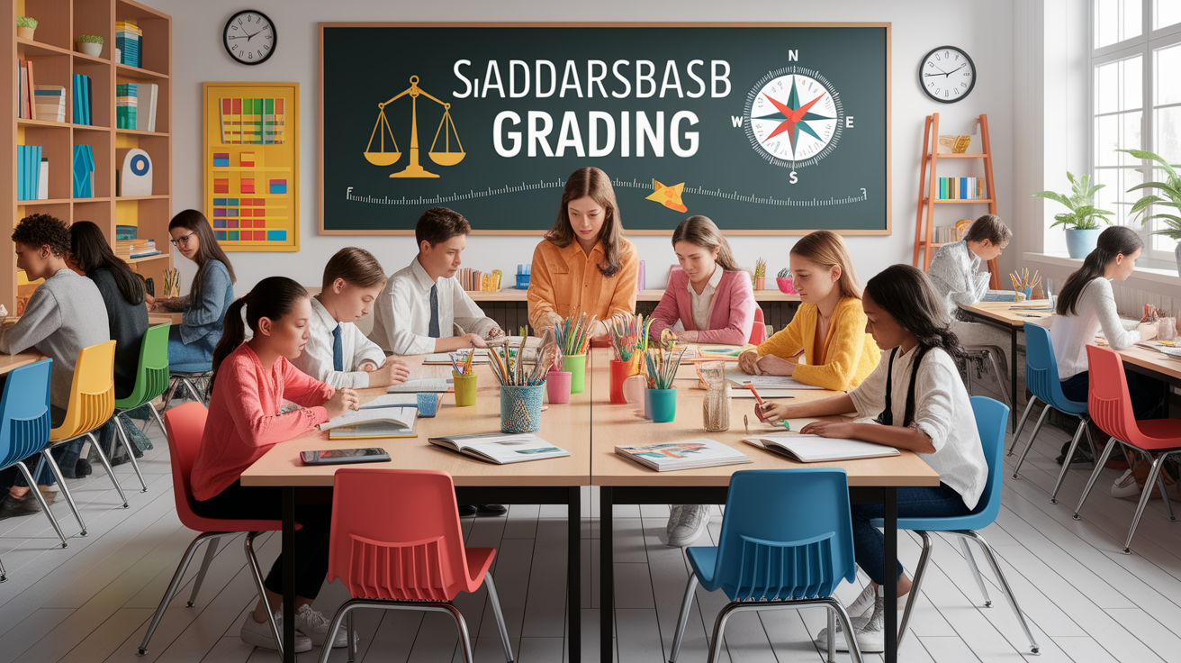 A conceptual illustration representing Core Principles of Standards-Based Grading. Visualize the main ideas: . Creative but clear representation of the concept. Style: photorealistic. high quality, detailed, professional, clean composition, good lighting, sharp focus, well-composed. high quality, professional, detailed, well-composed