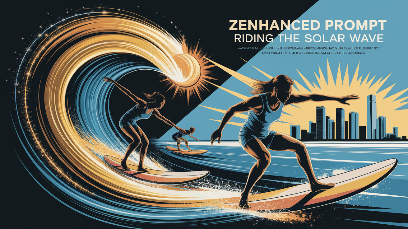 A conceptual illustration representing Introduction â€“ Riding the Solar Wave. Visualize the main ideas: . Creative but clear representation of the concept. Style: Visual Theme: Clean, modern aesthetic with high contrast and vibrant energy. Emphasize the intersect. high quality, detailed, professional, clean composition, good lighting, sharp focus, well-composed. high quality, professional, detailed, well-composed