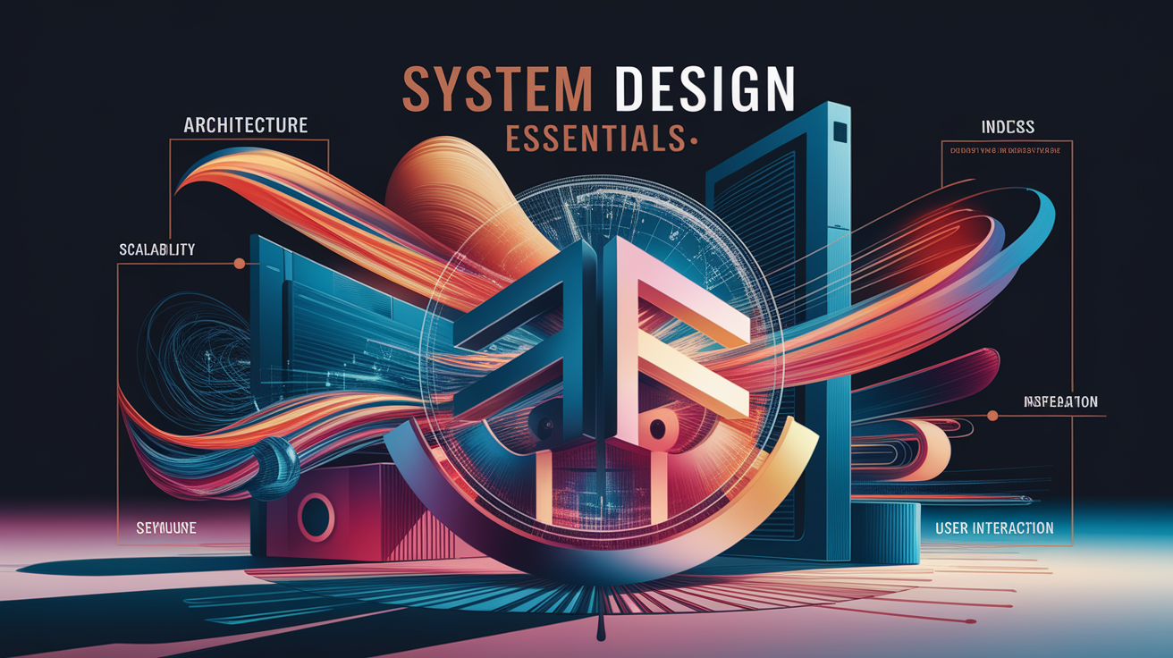 A conceptual illustration representing System Design Essentials. Visualize the main ideas: . Creative but clear representation of the concept. Style: Visual Theme: Clean, modern aesthetic with high contrast and vibrant energy. Emphasize the intersect. high quality, detailed, professional, clean composition, good lighting, sharp focus, well-composed. high quality, professional, detailed, well-composed