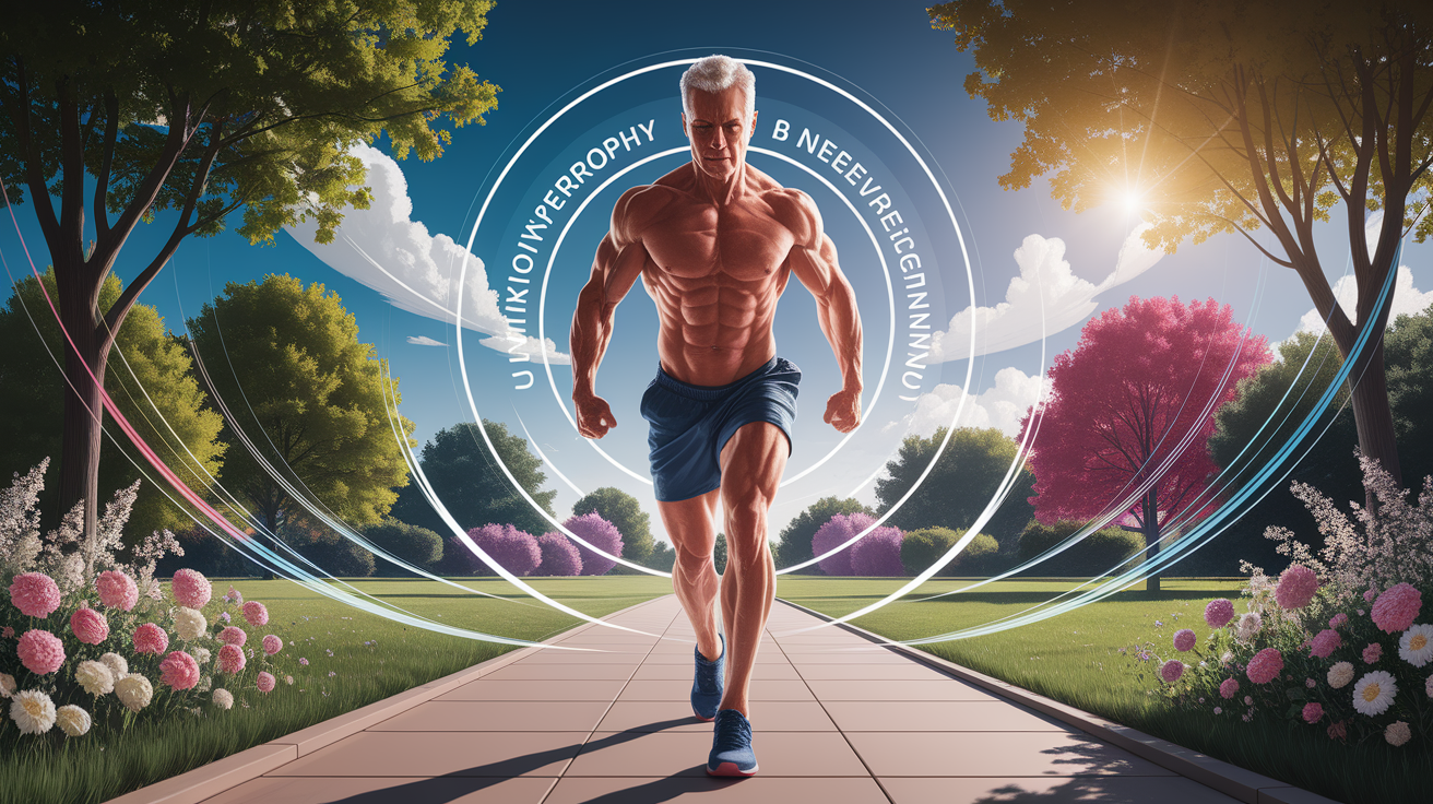 A conceptual illustration representing Unlocking Hypertrophy After 50: A New Beginning. Visualize the main ideas: . Creative but clear representation of the concept. Style: photorealistic. high quality, detailed, professional, clean composition, good lighting, sharp focus, well-composed. high quality, professional, detailed, well-composed
