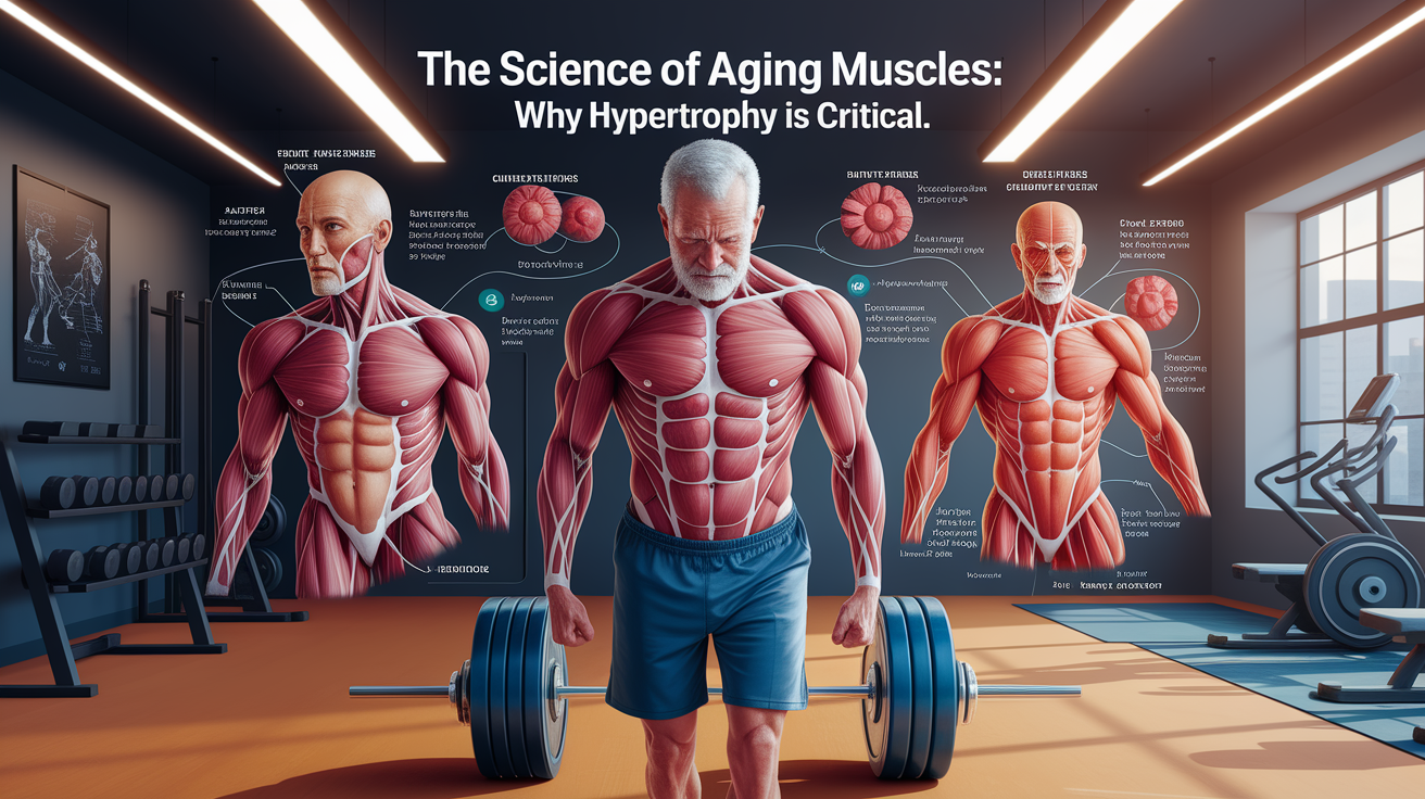 A conceptual illustration representing The Science of Aging Muscles: Why Hypertrophy Is Critical. Visualize the main ideas: . Creative but clear representation of the concept. Style: photorealistic. high quality, detailed, professional, clean composition, good lighting, sharp focus, well-composed. high quality, professional, detailed, well-composed