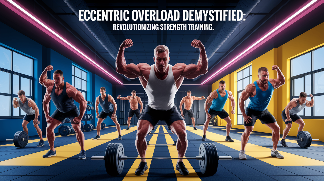 A conceptual illustration representing Eccentric Overload Demystified: Revolutionizing Strength Training. Visualize the main ideas: . Creative but clear representation of the concept. Style: photorealistic. high quality, detailed, professional, clean composition, good lighting, sharp focus, well-composed. high quality, professional, detailed, well-composed