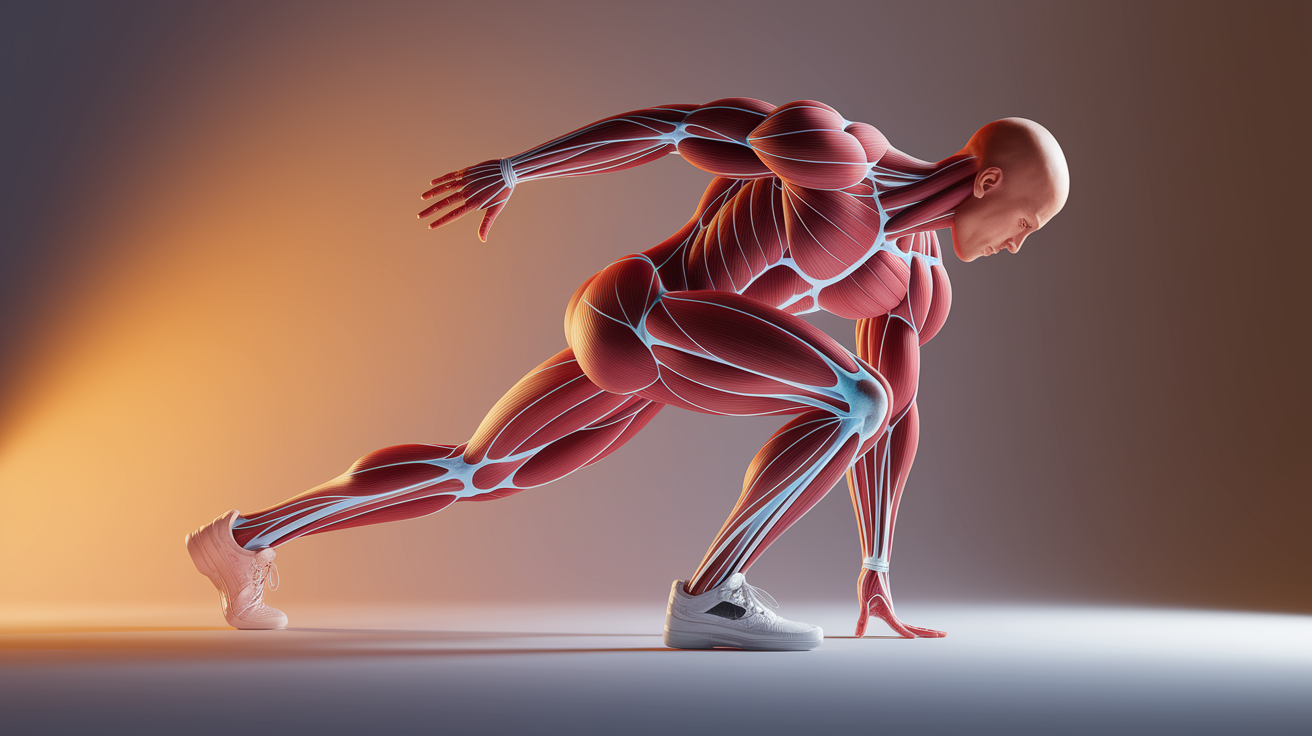 A conceptual illustration representing The Biomechanics and Physiology of Eccentric Work. Visualize the main ideas: . Creative but clear representation of the concept. Style: photorealistic. high quality, detailed, professional, clean composition, good lighting, sharp focus, well-composed. high quality, professional, detailed, well-composed