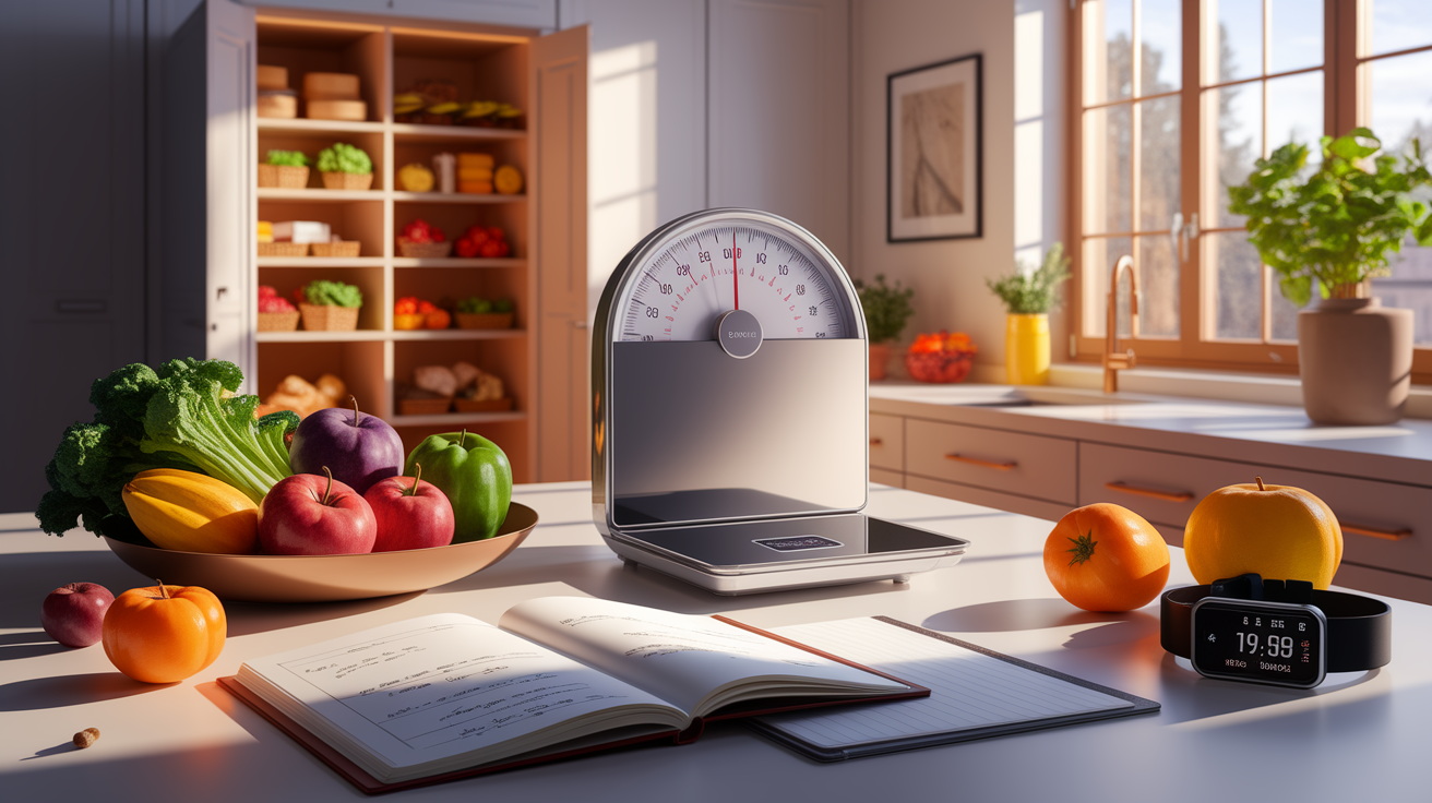 A conceptual illustration representing Determining Your Ideal Caloric Deficit. Visualize the main ideas: . Creative but clear representation of the concept. Style: photorealistic. high quality, detailed, professional, clean composition, good lighting, sharp focus, well-composed. high quality, professional, detailed, well-composed