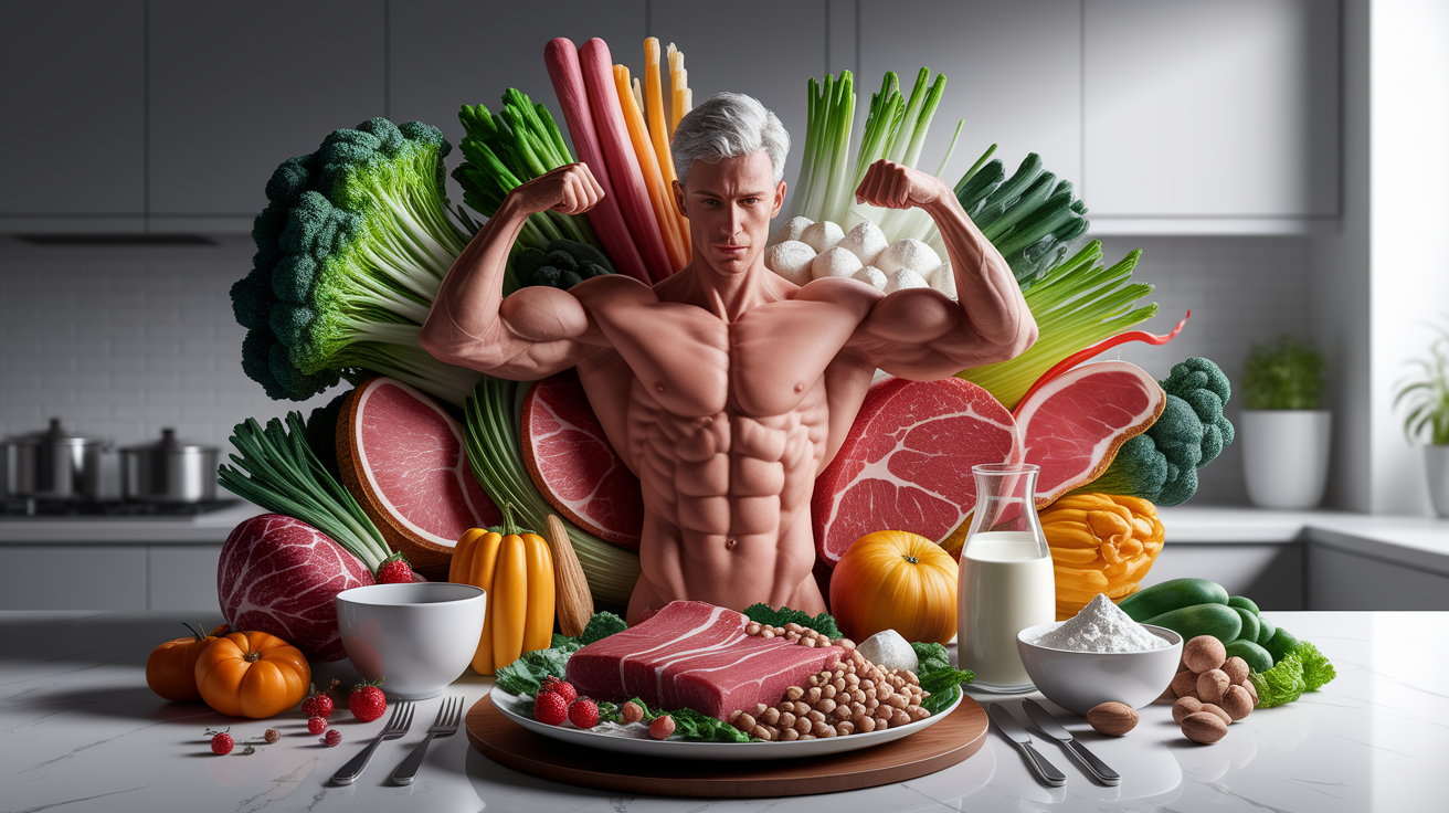 A conceptual illustration representing Nutrition Strategies for Muscle Preservation. Visualize the main ideas: . Creative but clear representation of the concept. Style: photorealistic. high quality, detailed, professional, clean composition, good lighting, sharp focus, well-composed. high quality, professional, detailed, well-composed