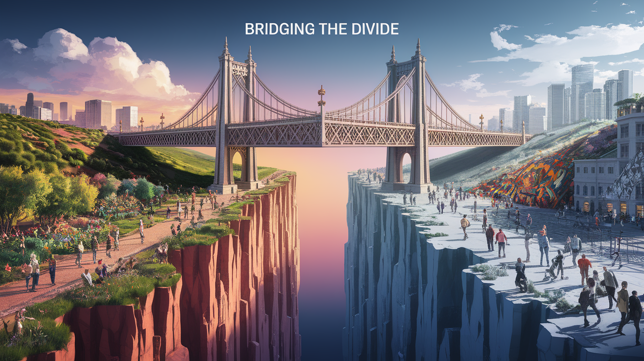A conceptual illustration representing Bridging the Divide. Visualize the main ideas: . Creative but clear representation of the concept. Style: photorealistic. high quality, detailed, professional, clean composition, good lighting, sharp focus, well-composed. high quality, professional, detailed, well-composed