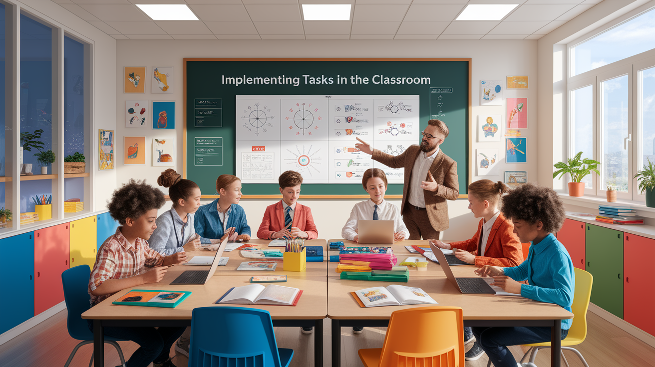A conceptual illustration representing Implementing Tasks in the Classroom. Visualize the main ideas: . Creative but clear representation of the concept. Style: photorealistic. high quality, detailed, professional, clean composition, good lighting, sharp focus, well-composed. high quality, professional, detailed, well-composed