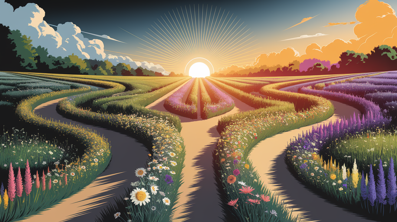 A conceptual illustration representing A Bright Field of Opportunity. Visualize the main ideas: . Creative but clear representation of the concept. Style: Visual Theme: Clean, modern aesthetic with high contrast and vibrant energy. Emphasize the intersect. high quality, detailed, professional, clean composition, good lighting, sharp focus, well-composed. high quality, professional, detailed, well-composed