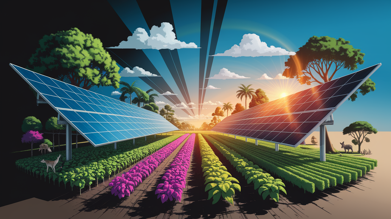A conceptual illustration representing Key Benefits of Agrivoltaics. Visualize the main ideas: . Creative but clear representation of the concept. Style: Visual Theme: Clean, modern aesthetic with high contrast and vibrant energy. Emphasize the intersect. high quality, detailed, professional, clean composition, good lighting, sharp focus, well-composed. high quality, professional, detailed, well-composed
