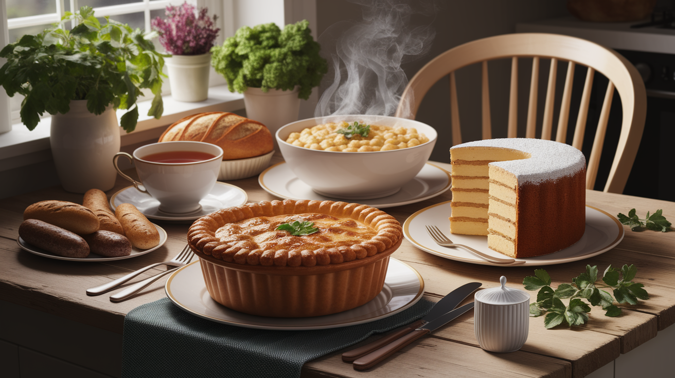 A conceptual illustration representing Embracing English Comfort Foods. Visualize the main ideas: . Creative but clear representation of the concept. Style: photorealistic. high quality, detailed, professional, clean composition, good lighting, sharp focus, well-composed. high quality, professional, detailed, well-composed