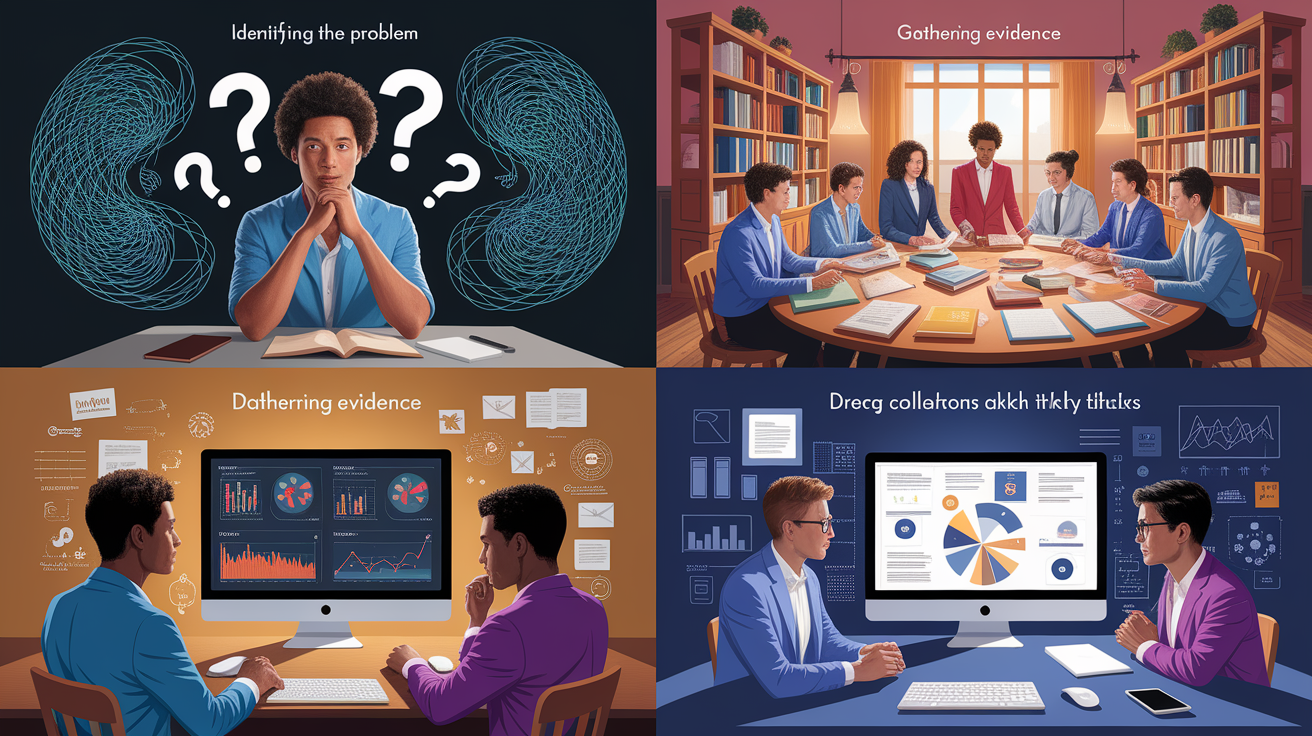 A conceptual illustration representing Applying Evidence-Based Critical Thinking in Four Steps. Visualize the main ideas: . Creative but clear representation of the concept. Style: photorealistic. high quality, detailed, professional, clean composition, good lighting, sharp focus, well-composed. high quality, professional, detailed, well-composed