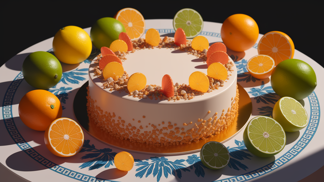 A conceptual illustration representing Greek Sweet Celebrations â€“ Melachrino Cake and Citrus Treats. Visualize the main ideas: . Creative but clear representation of the concept. Style: photorealistic. high quality, detailed, professional, clean composition, good lighting, sharp focus, well-composed. high quality, professional, detailed, well-composed
