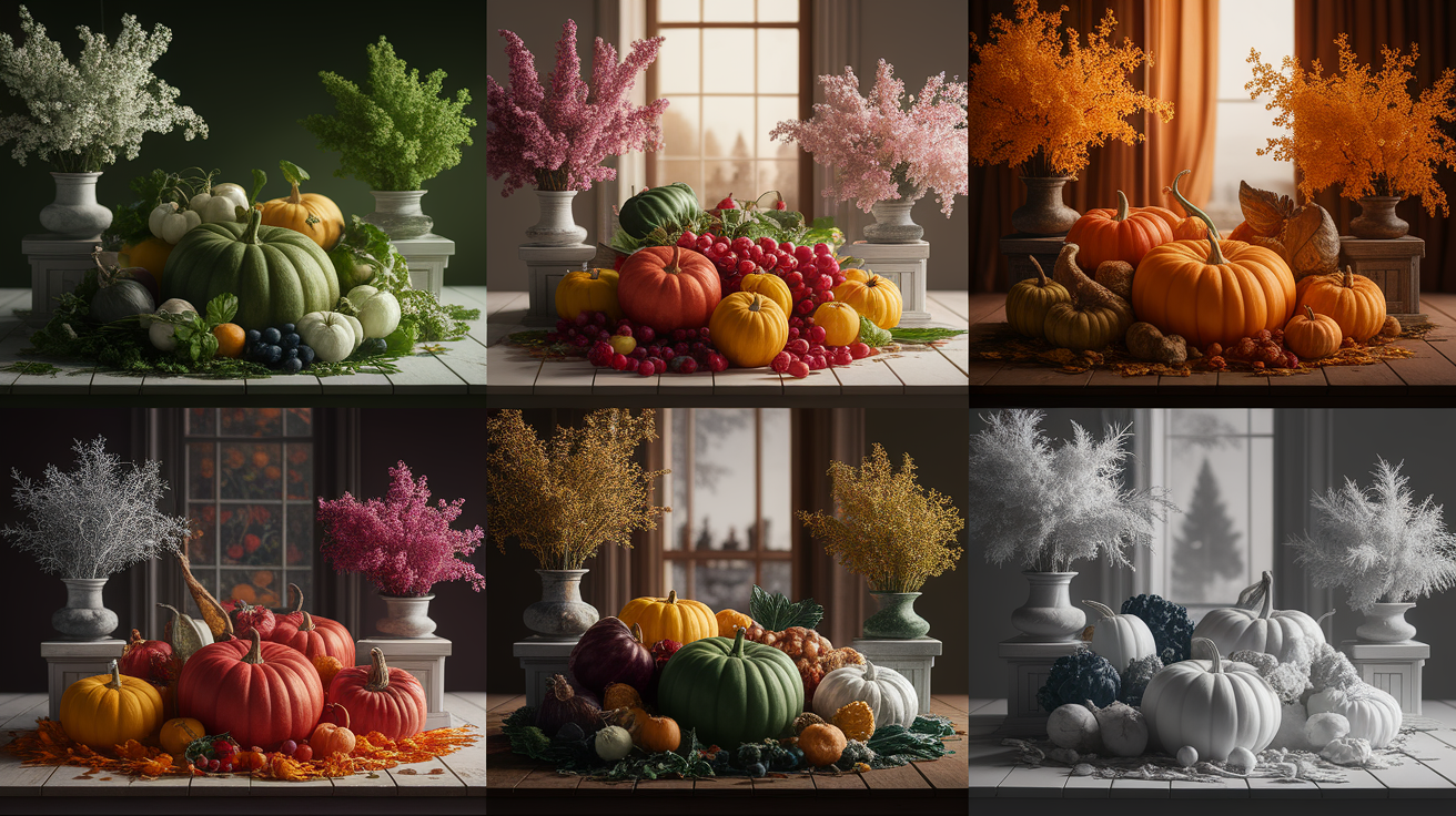 A conceptual illustration representing Seasonal Ingredients and Symbolism. Visualize the main ideas: . Creative but clear representation of the concept. Style: photorealistic. high quality, detailed, professional, clean composition, good lighting, sharp focus, well-composed. high quality, professional, detailed, well-composed