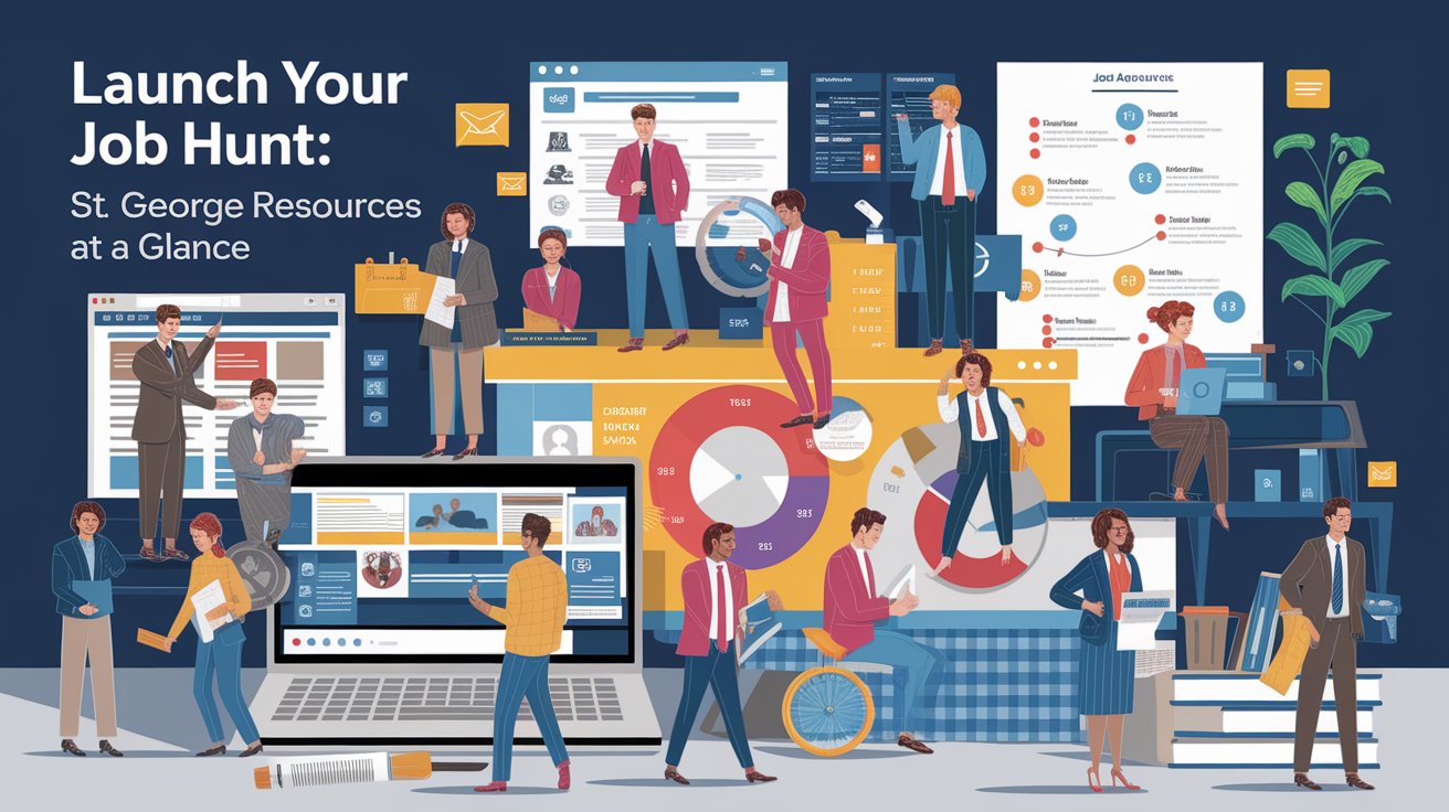 A conceptual illustration representing Launch Your Job Hunt: St. George Resources at a Glance. Visualize the main ideas: . Creative but clear representation of the concept. Style: photorealistic. high quality, detailed, professional, clean composition, good lighting, sharp focus, well-composed. high quality, professional, detailed, well-composed