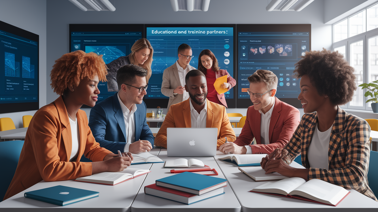 A conceptual illustration representing Educational and Training Partners. Visualize the main ideas: . Creative but clear representation of the concept. Style: photorealistic. high quality, detailed, professional, clean composition, good lighting, sharp focus, well-composed. high quality, professional, detailed, well-composed