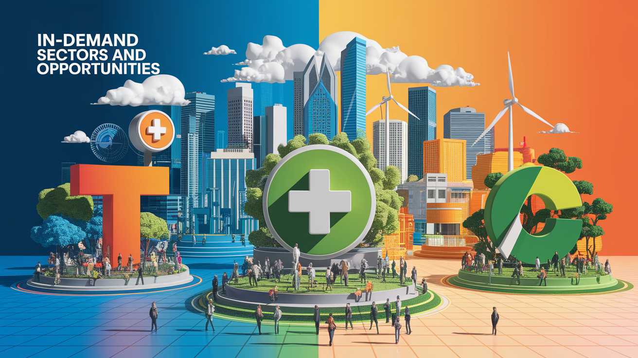 A conceptual illustration representing In-Demand Sectors and Opportunities. Visualize the main ideas: . Creative but clear representation of the concept. Style: photorealistic. high quality, detailed, professional, clean composition, good lighting, sharp focus, well-composed. high quality, professional, detailed, well-composed