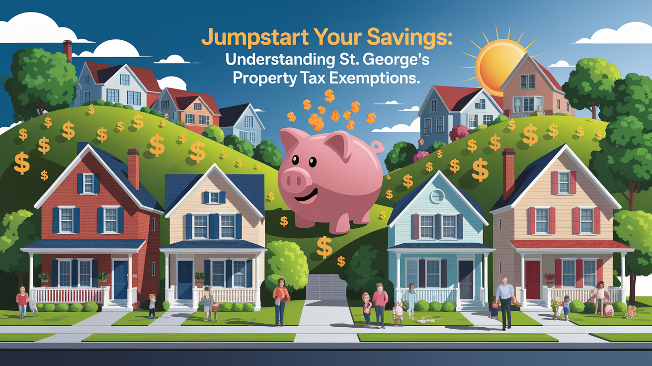 A conceptual illustration representing Jumpstart Your Savings: Understanding St. Georgeâ€™s Property Tax Exemptions. Visualize the main ideas: . Creative but clear representation of the concept. Style: photorealistic. high quality, detailed, professional, clean composition, good lighting, sharp focus, well-composed. high quality, professional, detailed, well-composed