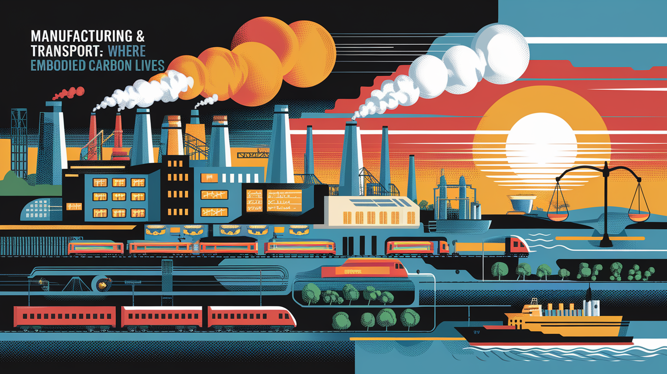 A conceptual illustration representing Manufacturing & Transport: Where Most Embodied Carbon Lives. Visualize the main ideas: . Creative but clear representation of the concept. Style: Visual Theme: Clean, modern aesthetic with high contrast and vibrant energy. Emphasize the intersect. high quality, detailed, professional, clean composition, good lighting, sharp focus, well-composed. high quality, professional, detailed, well-composed