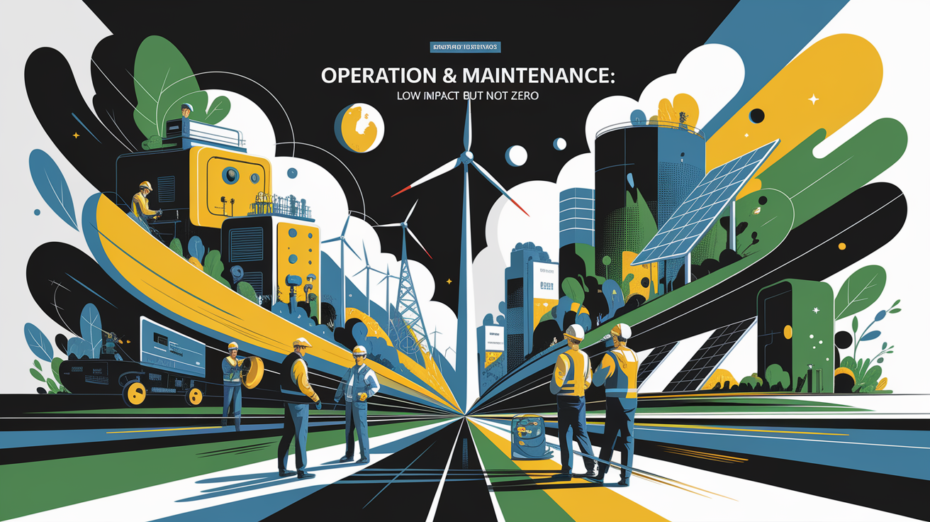 A conceptual illustration representing Operation & Maintenance: Low Impact but Not Zero. Visualize the main ideas: . Creative but clear representation of the concept. Style: Visual Theme: Clean, modern aesthetic with high contrast and vibrant energy. Emphasize the intersect. high quality, detailed, professional, clean composition, good lighting, sharp focus, well-composed. high quality, professional, detailed, well-composed