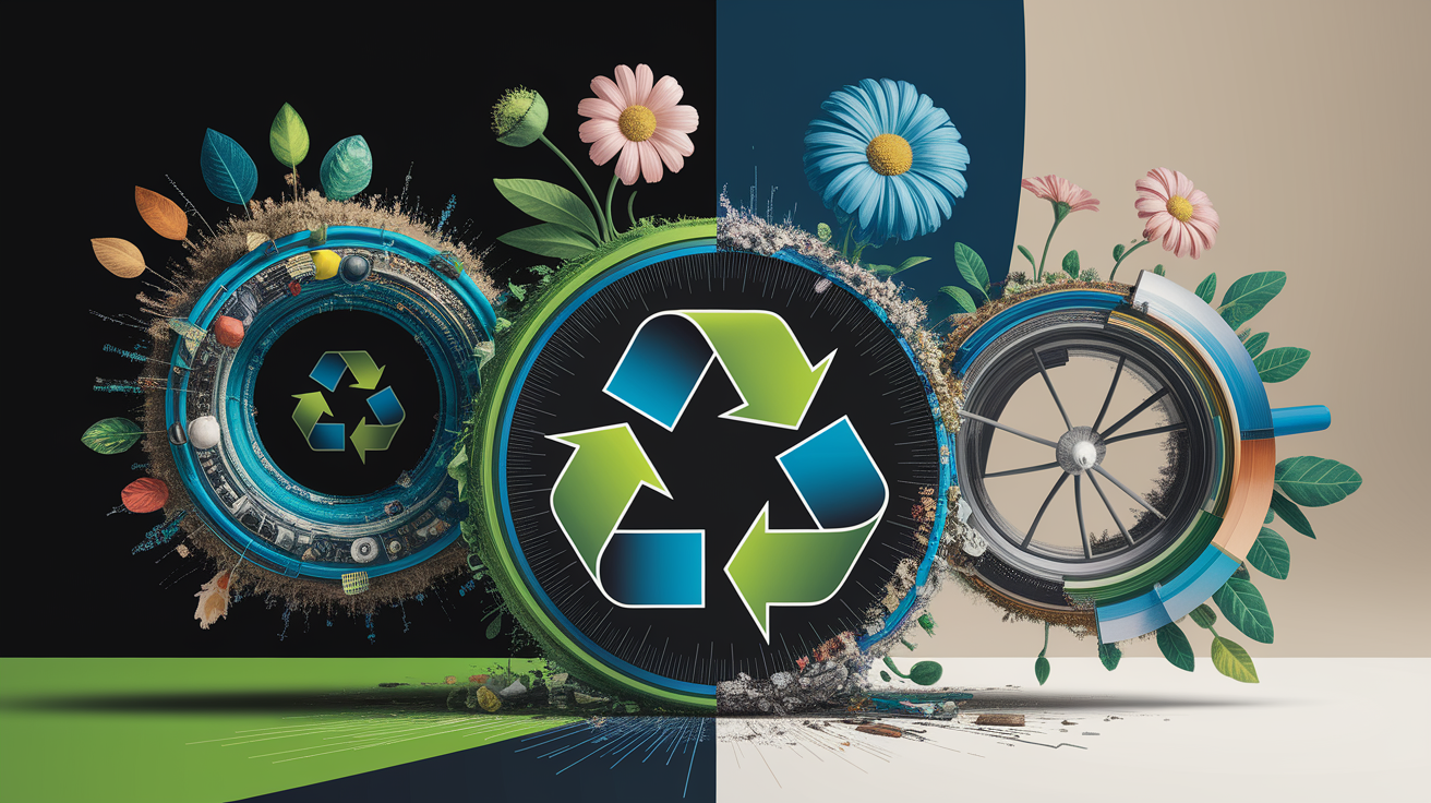 A conceptual illustration representing End-of-Life & Recycling: Closing the Loop. Visualize the main ideas: . Creative but clear representation of the concept. Style: Visual Theme: Clean, modern aesthetic with high contrast and vibrant energy. Emphasize the intersect. high quality, detailed, professional, clean composition, good lighting, sharp focus, well-composed. high quality, professional, detailed, well-composed