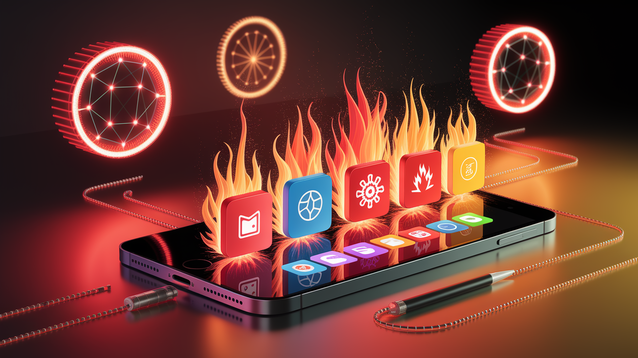 A conceptual illustration representing When Apps Turn Up the Heat. Visualize the main ideas: . Creative but clear representation of the concept. Style: photorealistic. high quality, detailed, professional, clean composition, good lighting, sharp focus, well-composed. high quality, professional, detailed, well-composed