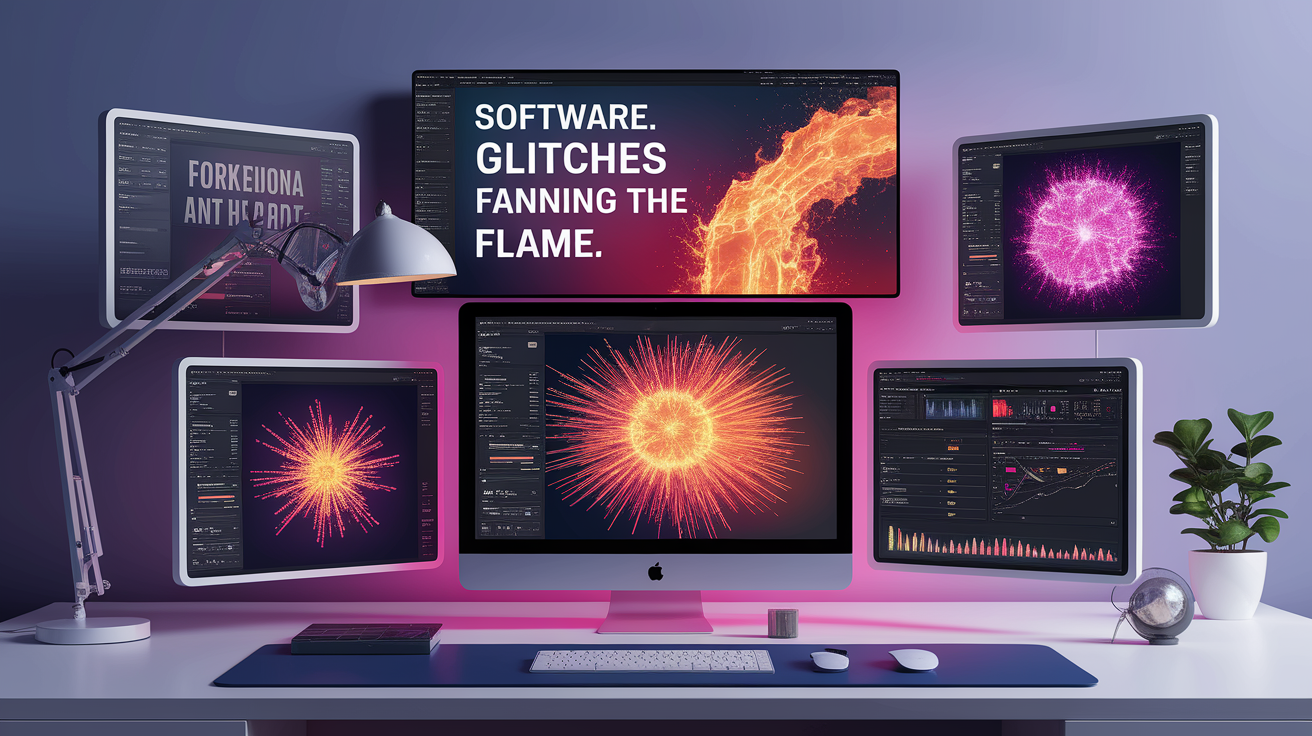 A professional product showcase or technology demonstration for Software Glitches Fanning the Flame. Highlight . Clean, modern presentation with focus on functionality and design. Style: photorealistic. high quality, detailed, professional, clean composition, good lighting, sharp focus, well-composed. high quality, professional, detailed, well-composed