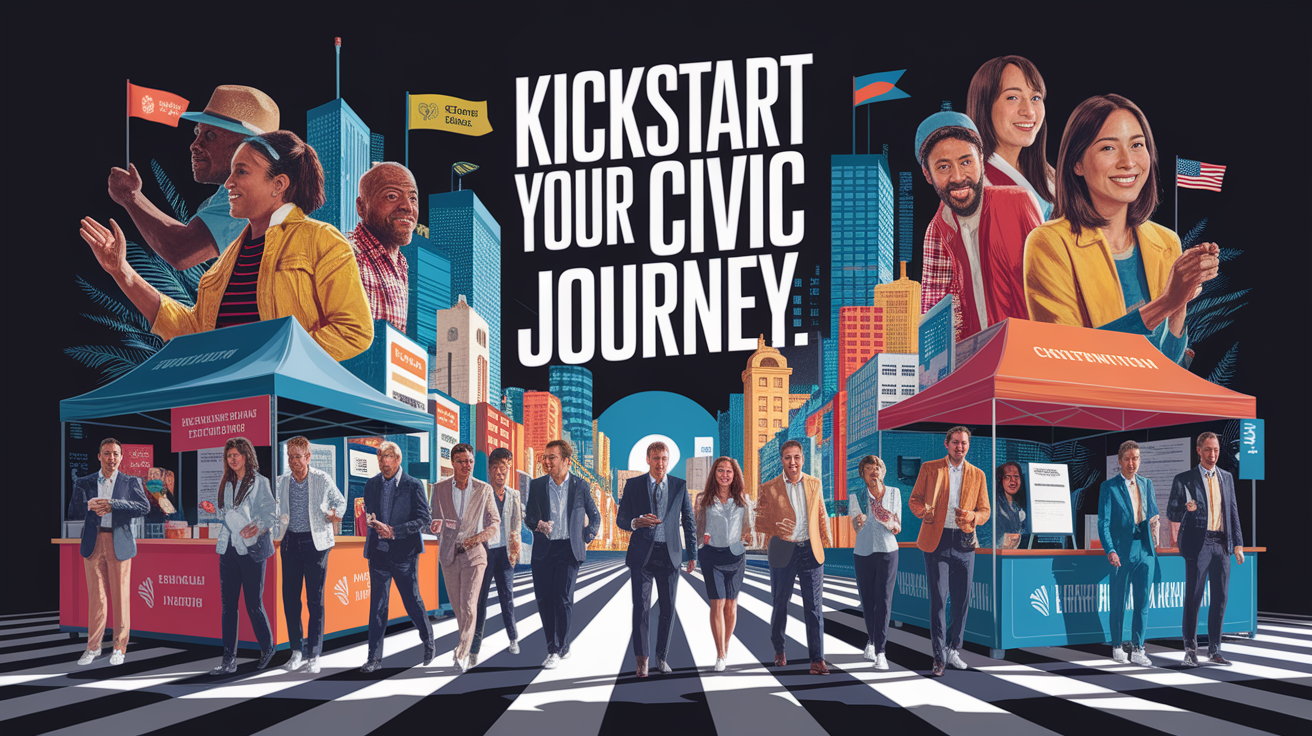 A conceptual illustration representing Kickstart Your Civic Journey. Visualize the main ideas: . Creative but clear representation of the concept. Style: photorealistic. high quality, detailed, professional, clean composition, good lighting, sharp focus, well-composed. high quality, professional, detailed, well-composed