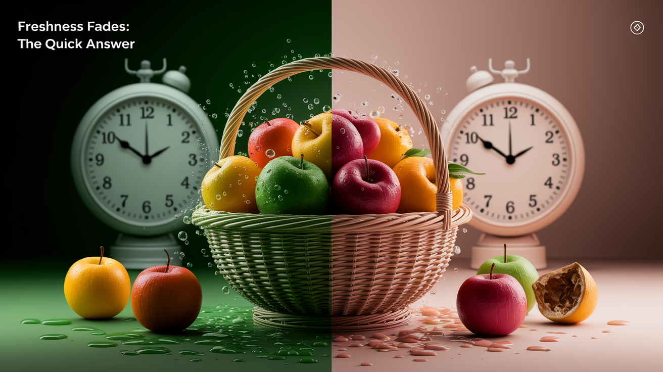 A conceptual illustration representing Freshness Fades: The Quick Answer. Visualize the main ideas: . Creative but clear representation of the concept. Style: photorealistic. high quality, detailed, professional, clean composition, good lighting, sharp focus, well-composed. high quality, professional, detailed, well-composed