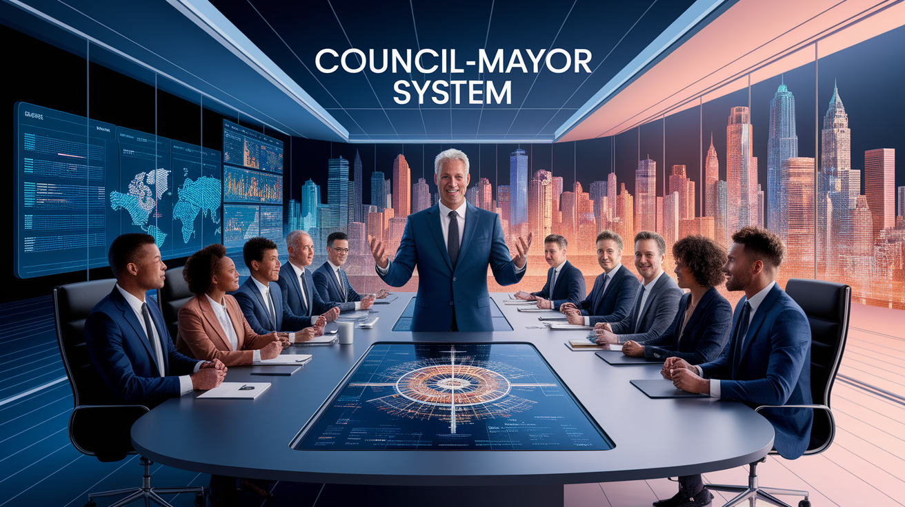 A conceptual illustration representing Overview of the Council-Mayor System. Visualize the main ideas: . Creative but clear representation of the concept. Style: photorealistic. high quality, detailed, professional, clean composition, good lighting, sharp focus, well-composed. high quality, professional, detailed, well-composed