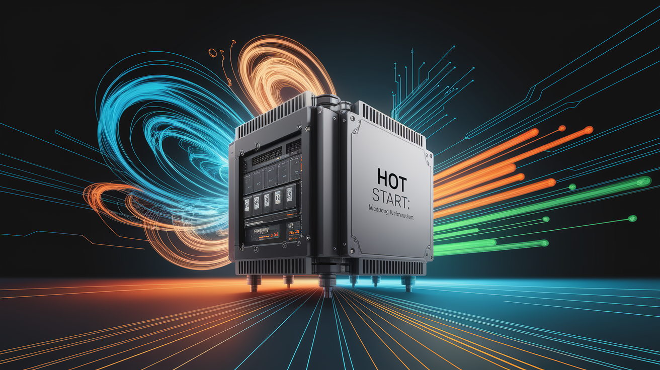 A conceptual illustration representing Hot Start: Mastering Inverter Thermal Management. Visualize the main ideas: . Creative but clear representation of the concept. Style: Visual Theme: Clean, modern aesthetic with high contrast and vibrant energy. Emphasize the intersect. high quality, detailed, professional, clean composition, good lighting, sharp focus, well-composed. high quality, professional, detailed, well-composed