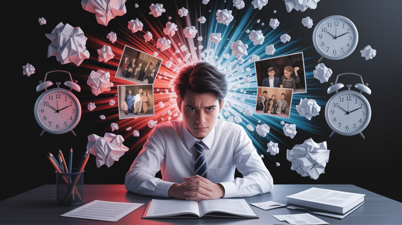 A conceptual illustration representing Understanding Test Anxiety. Visualize the main ideas: . Creative but clear representation of the concept. Style: photorealistic. high quality, detailed, professional, clean composition, good lighting, sharp focus, well-composed. high quality, professional, detailed, well-composed