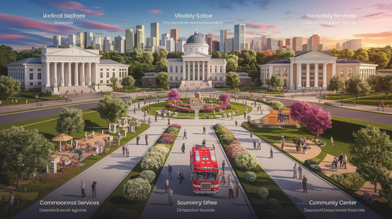 A conceptual illustration representing Key City Departments and Services. Visualize the main ideas: . Creative but clear representation of the concept. Style: photorealistic. high quality, detailed, professional, clean composition, good lighting, sharp focus, well-composed. high quality, professional, detailed, well-composed