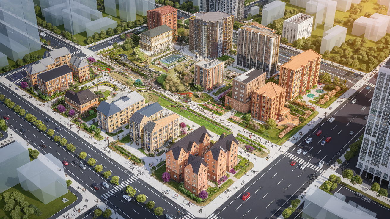 A conceptual illustration representing Planning, Zoning, and Growth Management. Visualize the main ideas: . Creative but clear representation of the concept. Style: photorealistic. high quality, detailed, professional, clean composition, good lighting, sharp focus, well-composed. high quality, professional, detailed, well-composed