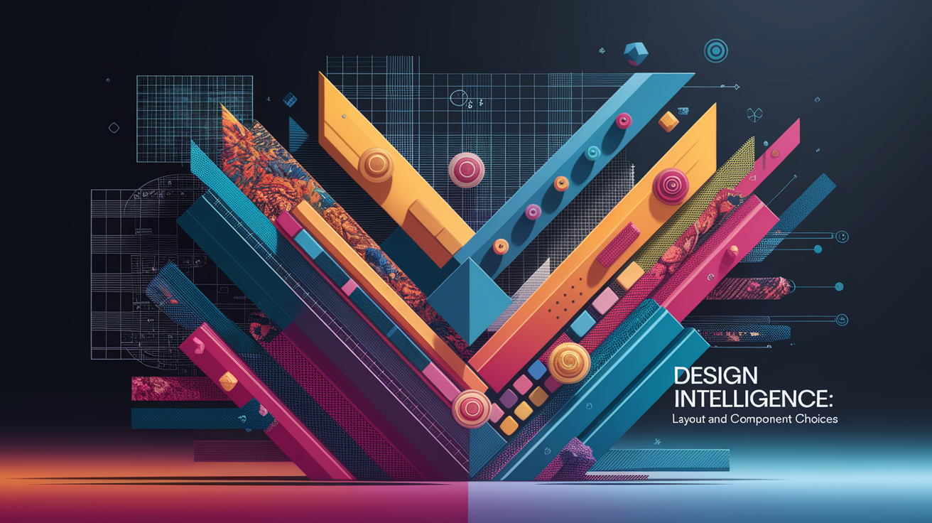 A conceptual illustration representing Design Intelligence: Layout and Component Choices. Visualize the main ideas: . Creative but clear representation of the concept. Style: Visual Theme: Clean, modern aesthetic with high contrast and vibrant energy. Emphasize the intersect. high quality, detailed, professional, clean composition, good lighting, sharp focus, well-composed. high quality, professional, detailed, well-composed