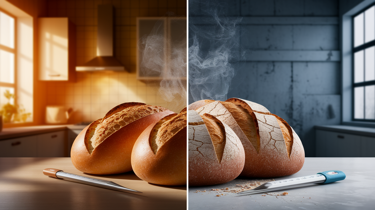 A conceptual illustration representing Temperature’s Influence on Staling. Visualize the main ideas: . Creative but clear representation of the concept. Style: photorealistic. high quality, detailed, professional, clean composition, good lighting, sharp focus, well-composed. high quality, professional, detailed, well-composed