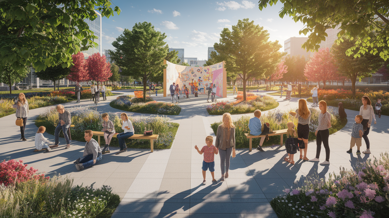 A conceptual illustration representing Community Spaces and Engagement. Visualize the main ideas: . Creative but clear representation of the concept. Style: photorealistic. high quality, detailed, professional, clean composition, good lighting, sharp focus, well-composed. high quality, professional, detailed, well-composed