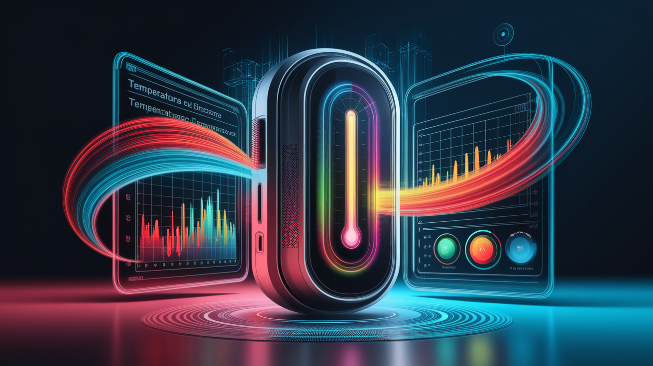 A conceptual illustration representing Smart Monitoring: Temperature Tracking and Control. Visualize the main ideas: . Creative but clear representation of the concept. Style: Visual Theme: Clean, modern aesthetic with high contrast and vibrant energy. Emphasize the intersect. high quality, detailed, professional, clean composition, good lighting, sharp focus, well-composed. high quality, professional, detailed, well-composed