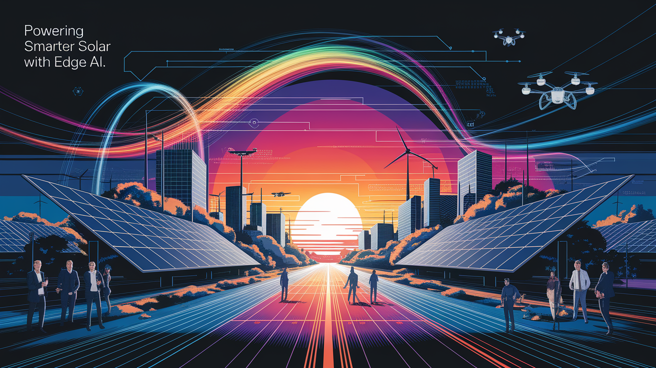 A conceptual illustration representing Powering Smarter Solar with Edge AI. Visualize the main ideas: . Creative but clear representation of the concept. Style: Visual Theme: Clean, modern aesthetic with high contrast and vibrant energy. Emphasize the intersect. high quality, detailed, professional, clean composition, good lighting, sharp focus, well-composed. high quality, professional, detailed, well-composed