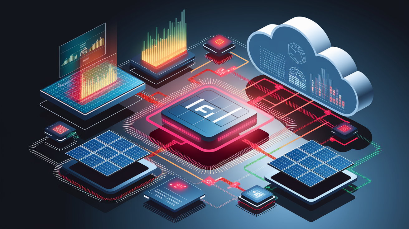 A conceptual illustration representing Key Components of Edge AI PV Management. Visualize the main ideas: . Creative but clear representation of the concept. Style: Visual Theme: Clean, modern aesthetic with high contrast and vibrant energy. Emphasize the intersect. high quality, detailed, professional, clean composition, good lighting, sharp focus, well-composed. high quality, professional, detailed, well-composed