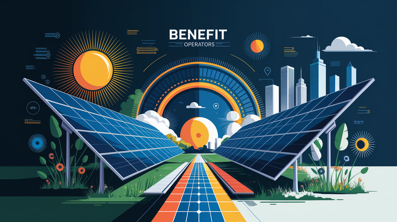 A conceptual illustration representing Benefits for Solar Operators. Visualize the main ideas: . Creative but clear representation of the concept. Style: Visual Theme: Clean, modern aesthetic with high contrast and vibrant energy. Emphasize the intersect. high quality, detailed, professional, clean composition, good lighting, sharp focus, well-composed. high quality, professional, detailed, well-composed