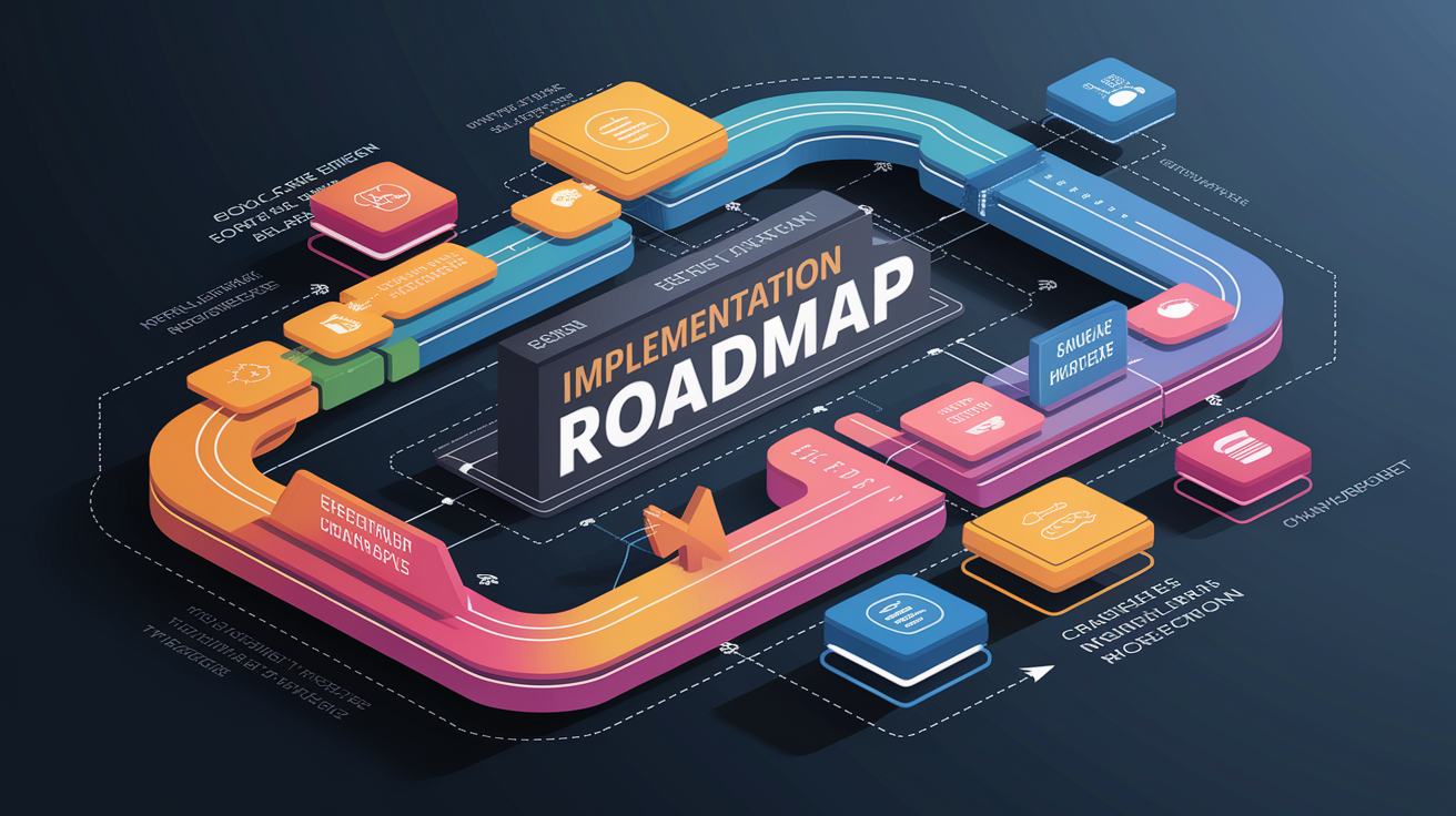 A conceptual illustration representing Implementation Roadmap. Visualize the main ideas: . Creative but clear representation of the concept. Style: Visual Theme: Clean, modern aesthetic with high contrast and vibrant energy. Emphasize the intersect. high quality, detailed, professional, clean composition, good lighting, sharp focus, well-composed. high quality, professional, detailed, well-composed