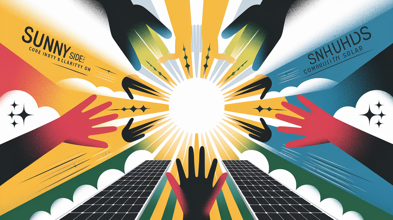 A conceptual illustration representing Sunny Side Up: Instant Clarity on Community Solar. Visualize the main ideas: . Creative but clear representation of the concept. Style: Visual Theme: Clean, modern aesthetic with high contrast and vibrant energy. Emphasize the intersect. high quality, detailed, professional, clean composition, good lighting, sharp focus, well-composed. high quality, professional, detailed, well-composed